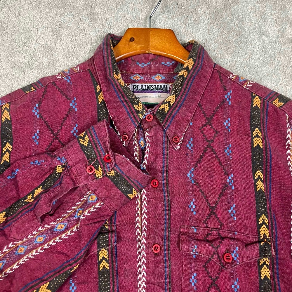 VTG Plainsman Mens Western Aztec Southwest Pattern Button Down Shirt Burgundy L
